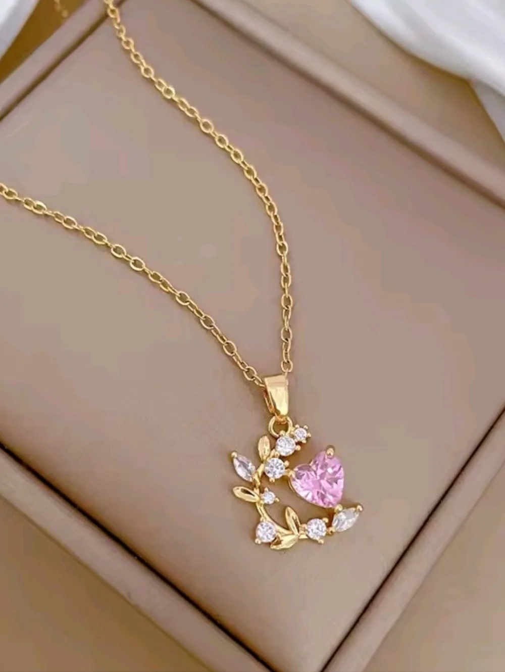 Dainty Gold Heart & Leaf Pendant Necklace Pink Crystal Jewelry